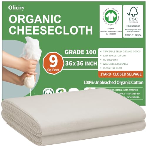 Classic Organic Cheese Cloths, GOTS Certified, Grade 100, 36x36Inch, Reusable Set